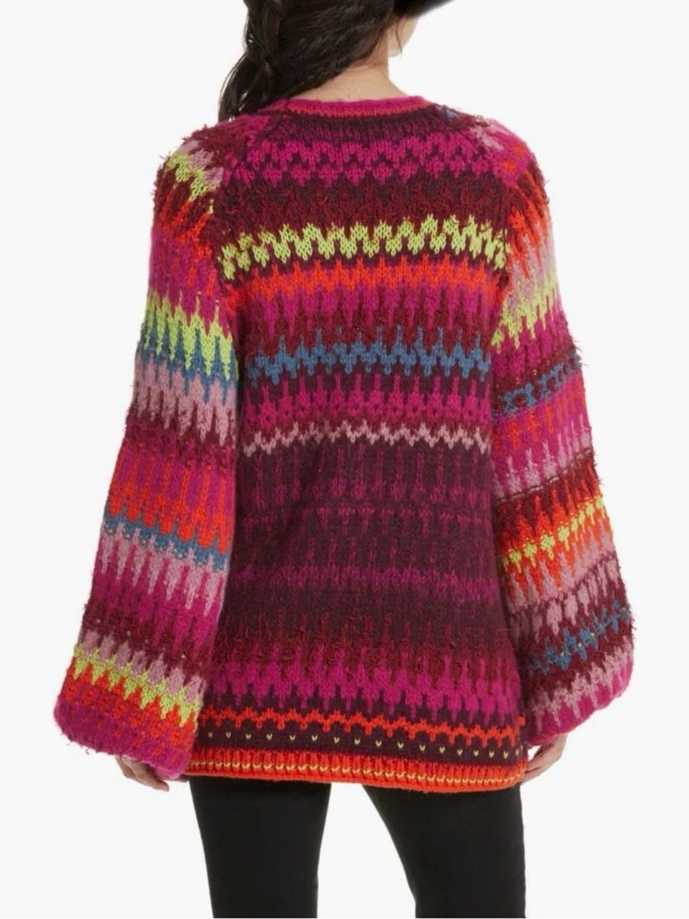 Free People Multicolor Fair Isle Crewneck Sweater in Burgundy, Pink, Neon Yellow